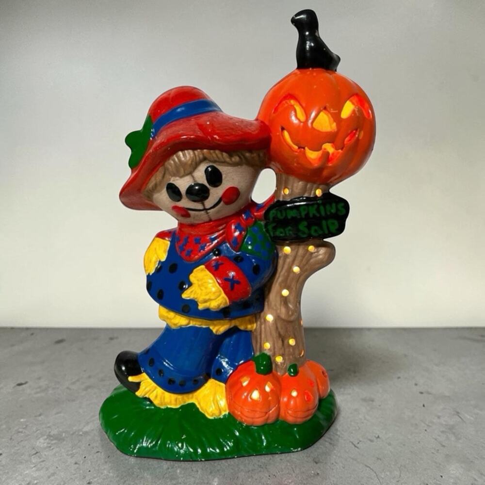 Vintage 80s Ceramic Halloween Scarecrow Light Up Jack O Lantern Lamp Retro